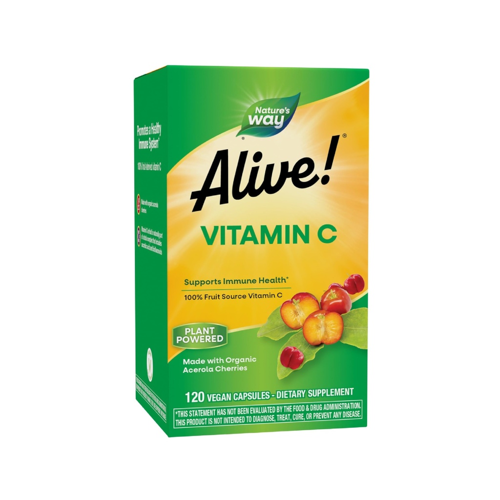 Nature's Way Alive! Vitamin C Supplement Made with Organic Acerola Cherries, Immune Support*, Antioxidant Support*, 100% Fruit Source Vitamin C, 120 Capsules (Packaging May Vary)