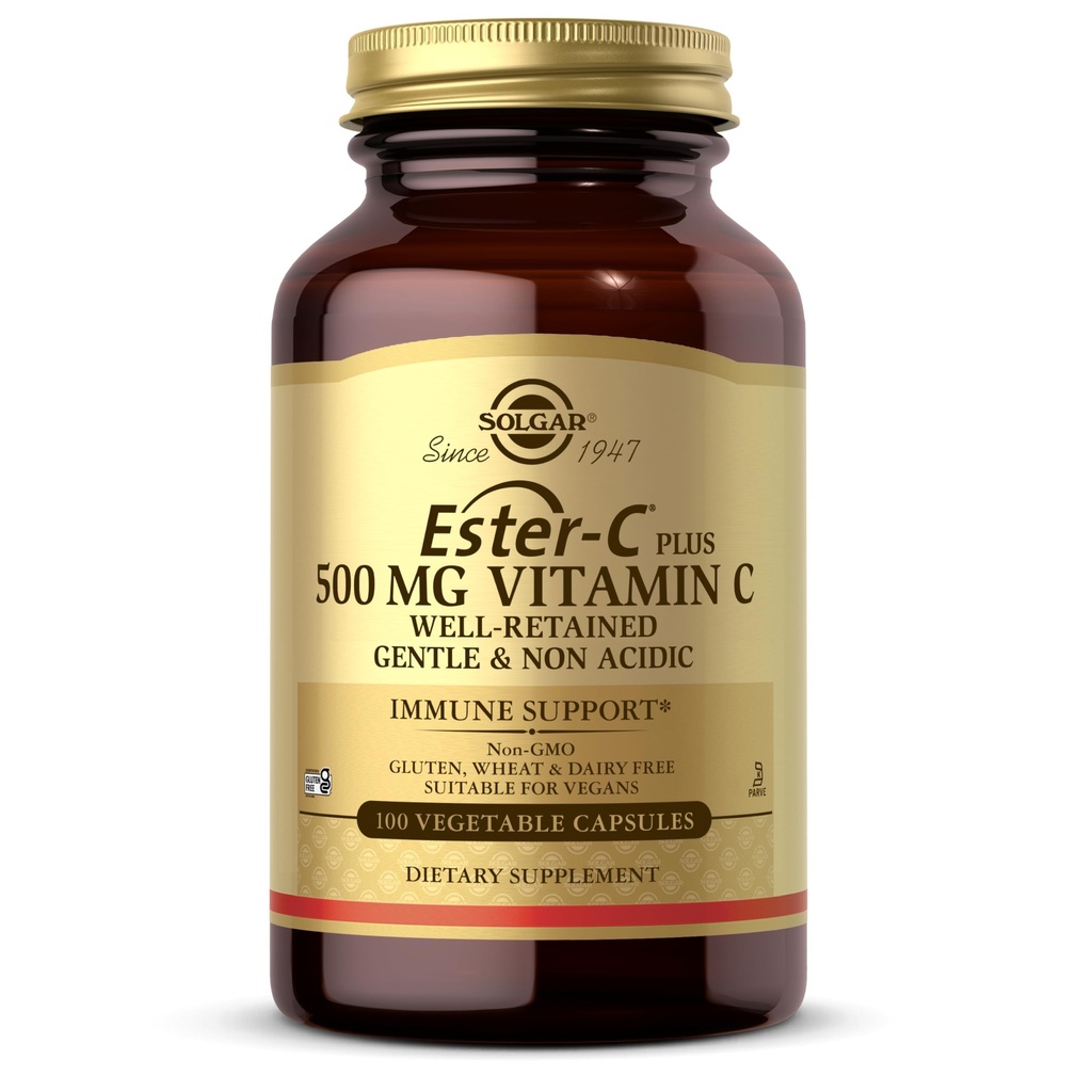 Solgar Ester- C Plus 500 mg C-vitamin (Ascorbat Complex), 100 grøntsagskapsler - Genatle & Nonacid - Antioxidant & Immunsupport - Ikke GMO, Vegan, Gluten Free, Kosher - 100 Servere