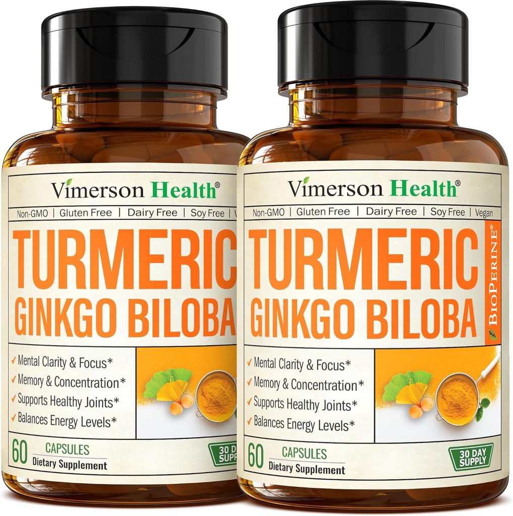 Ginkgo Biloba og gurkemeje supplement w / sort peber & organisk tumerisk - Natural gurkemeje supplement til fokus, hukommelse, fælles & hjerne sundhed - Vegan Ginko Biloba kapsler w / curcuma - 2 pakke