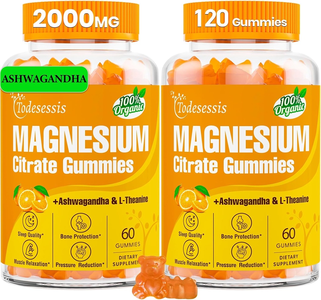 2 Pakker - Magnesium Citrate Gummies for kvinder og mænd, Høj Absorption Magnesium Gummies med Ashwagandha & L- Theanine, for Immunitet, Muscle & Bone Health - Vegan, Lavsukker, 120 Tæller