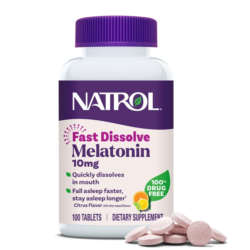 Natrol Fast Opløs Melatonin 10 mg, Melatonin Kosttilskud til afslappende søvn, Sovestøtte til voksne, 100 Citrus- fyldte tabletter, op til en 100 dages forsyning