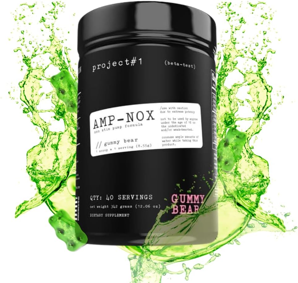 Projekt # 1 AMP- NOX: Non- Stim Pre Workout Powder - Boost Focus, Pump, & Energy - Koffein Free Protein Drikke med Aminosyrer til mænd og kvinder - Gummy Bear Flavor - 40 Servering