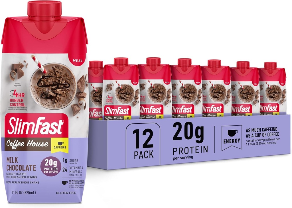 SlimFast Protein Shake, NEW Milk Chocolate- 20g Protein, Meal Erstatning Shake Klar til at drikke, High Protein med lav Carb og lavt sukker, 24 Vitamin og mineral, 11 Fl Oz (pakke med 12)
