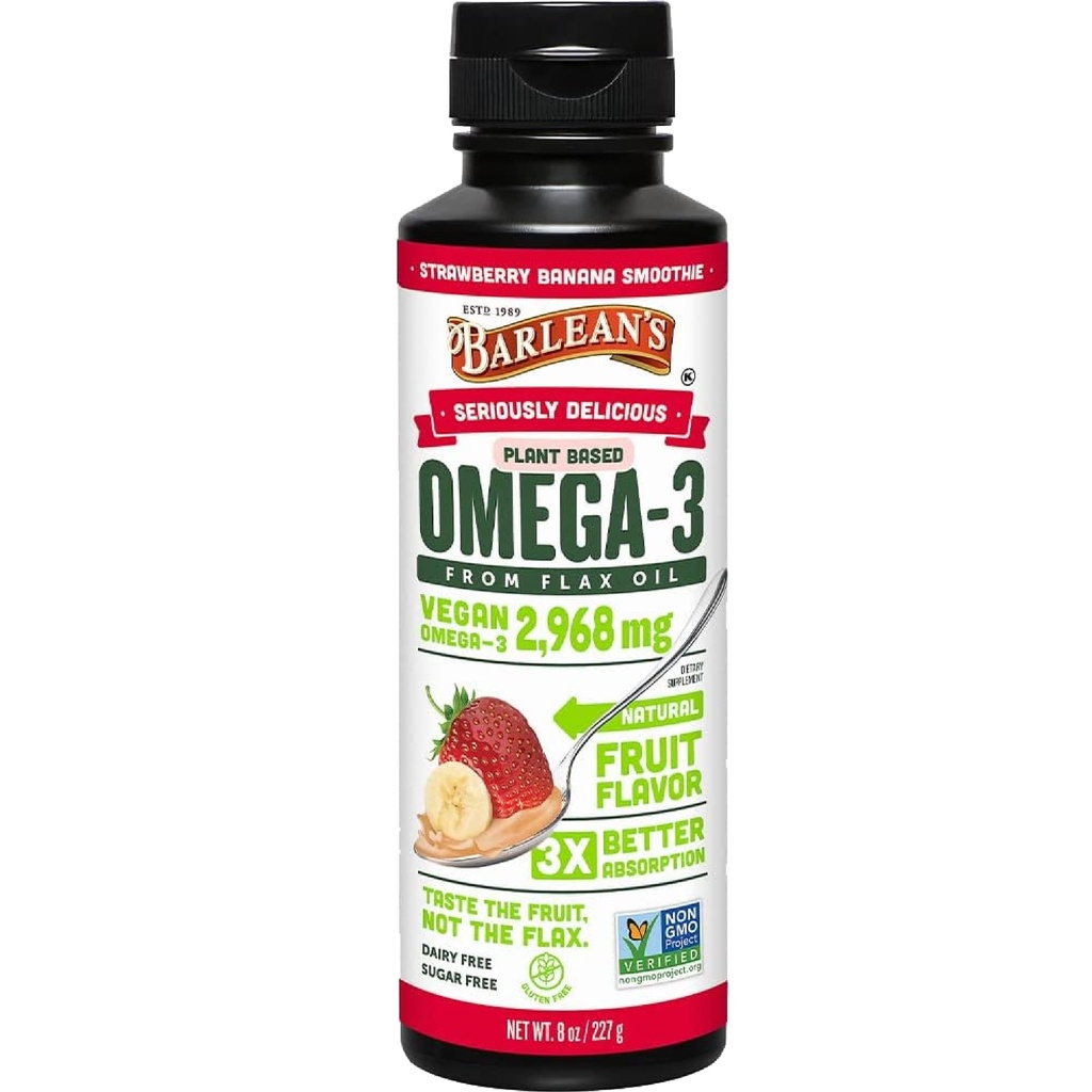Barlean 's Strawberry Banana Flaxseed Oil Liquid, Vegan Omega 3 6 9 Kosttilskud til børn og voksne fra koldpresset hørfrøolie med 2,968 mg Vegan Omegas, Non- GMO & Gluten Free, 8 oz