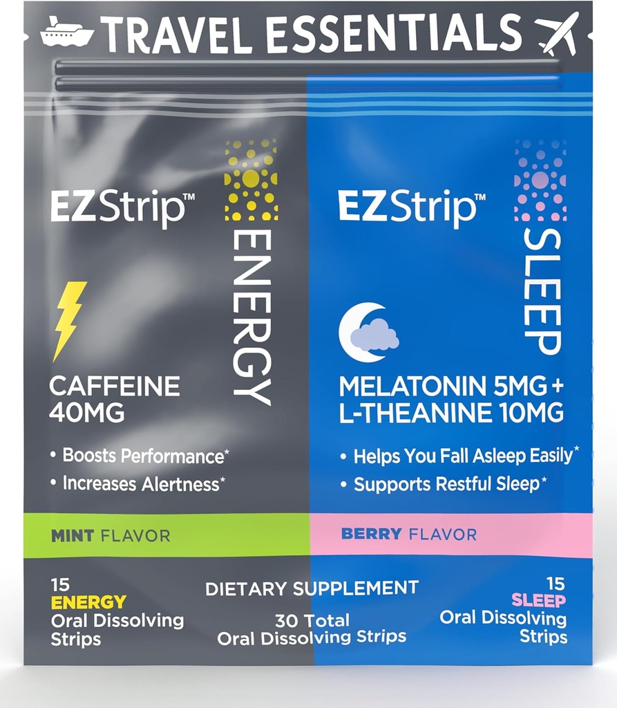 Rejsepakke med Energi & Søvntillæg - 30 Greve - Bærbar pakke med koffein Strips til energi og Melatonin Strips til søvn support under rejser - Made in USA, Sugar & Gluten Free