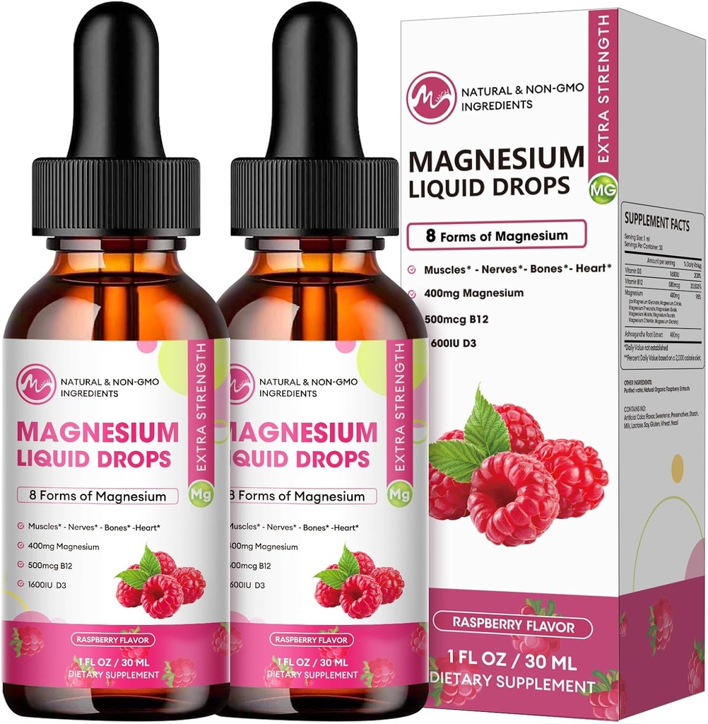 (2 Pack) Magnesium Complex supplement med Magnesium Glycinat, Citrat, Malat, Taurat, 8-in-1 Magnesium Complex flydende dråber til hjerne, søvn, nerve, muskel, ben, kramper, hjerte, non-GMO ingen gluten