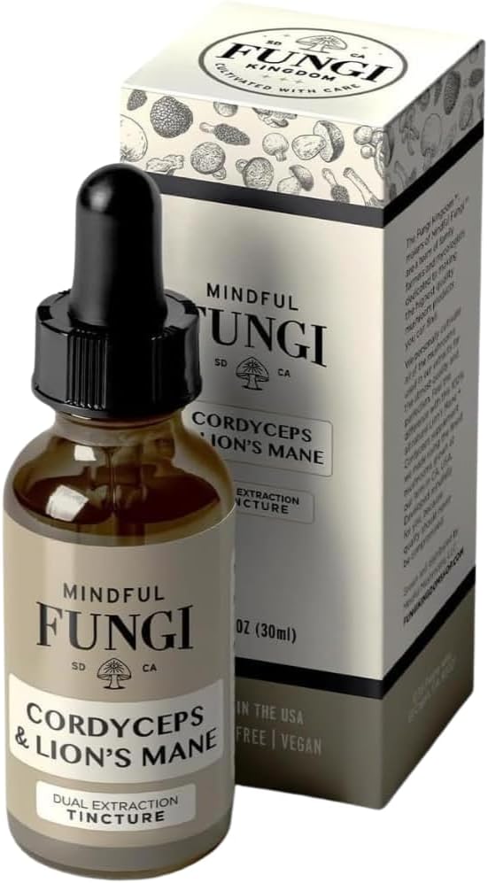 Mindful Fungi Lions Mane Cordyceps Mushroom Supplement, Vegan Lions Mane Liquid Extract, Brain Support, Natural Energy and Stamina Support (1 Fl Oz)