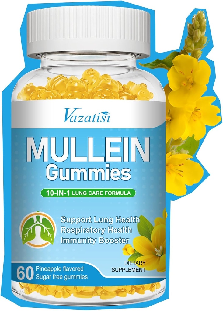 10 i 1 Mullein Gummies for Lungs, Mullein Leaf Extract med bromelain, Quercetin, Magnesium - Support Lung Cleanse for Sund vejrtrækning, 60ct