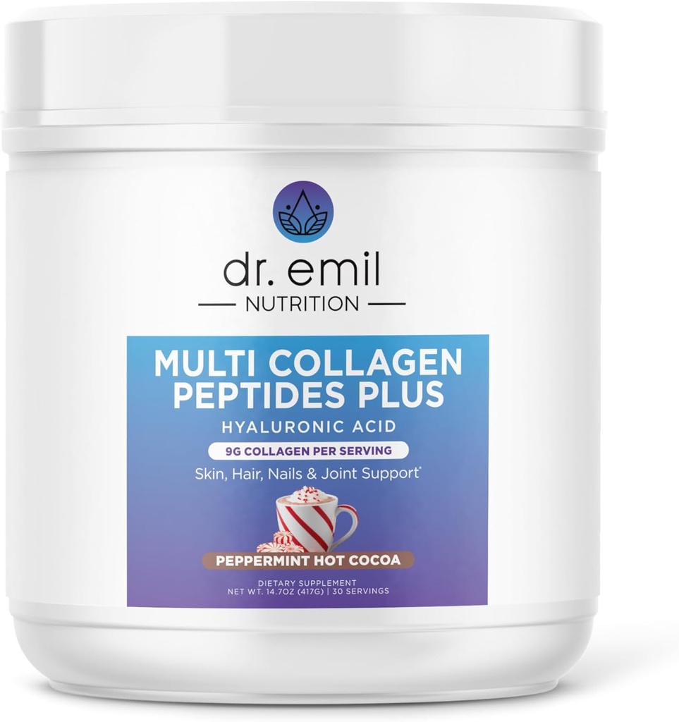 Dr. Emil Multi Collagen Peptider Plus med Hyaluronsyre - pebermynte Hot Cocoa Flavor - 9g Collagen Per Servering til hud, hår, negle & fælles støtte