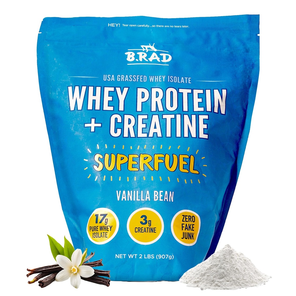 B.rad Superfuel - Græs Fed Whey Protein Isolate Boostet med Creatin • 124; Farm- Fresh, Easy- to- Digest, Rene Ingredienser • 124; 2 Pund • 124; 100% USA • Sourced • 124; Vanilla Bean