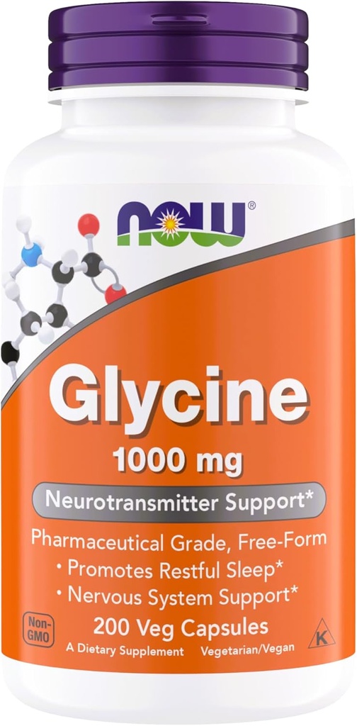 Now Foods Glycine 1000mg, Free- Form Pharmaceutical Grade, Neurotransmitter Support *, Promoes restavful Sleep *, Gluten Free, Vegan, Kosher 200 Vegetariske Kapsler (pakke med 1)