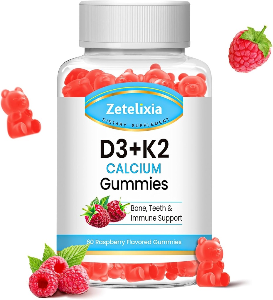 Sugar- Free Vitamin D3 K2 Gummies, Vitamin D3 2000 IE, K2 (MK7) 120mcg, Calcium 600 mg med Vitamin D3, Support B0ne & immunforsvar, Vegan, Gluten Free, Raspberry Flavor, 60 Greve