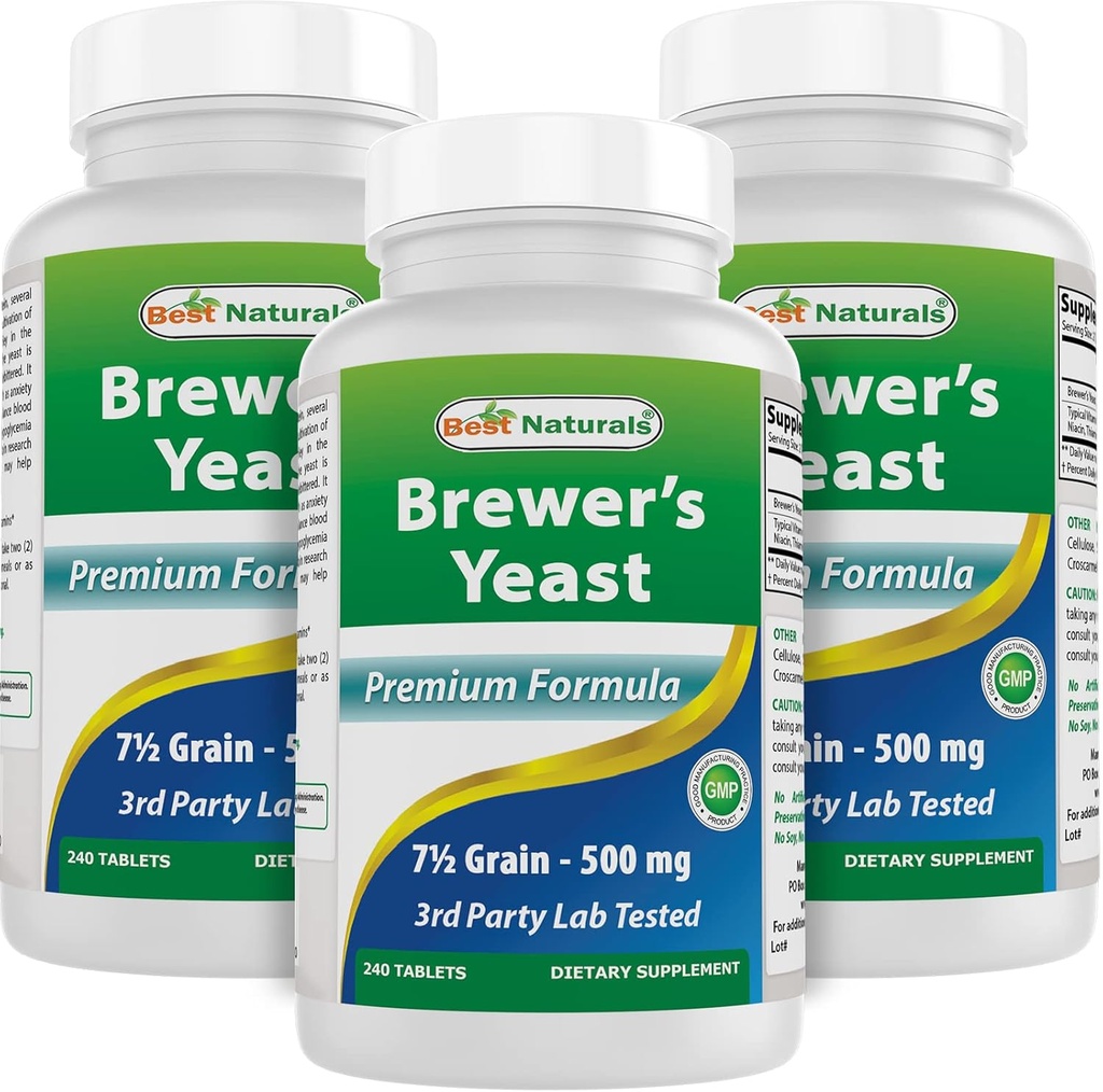 Bedste Naturals, Brewers Gær, 7-1 / 2 Korn med vitamin B1, vitamin B2, 1000 mg 240 tabletter (240 greve (pakke med 3))