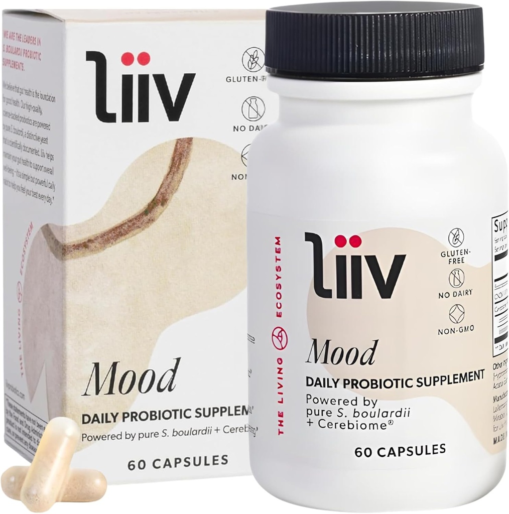 LiiV Mood Support Supplement - 8 milliarder CFU Mænd & Kvinder Probiotiske - Daglig Mood & fordøjelsesstøtte Supplement - Hele kroppen Wellness, drevet af Saccharomyces boulardii & Cerebiome (60 Caps)