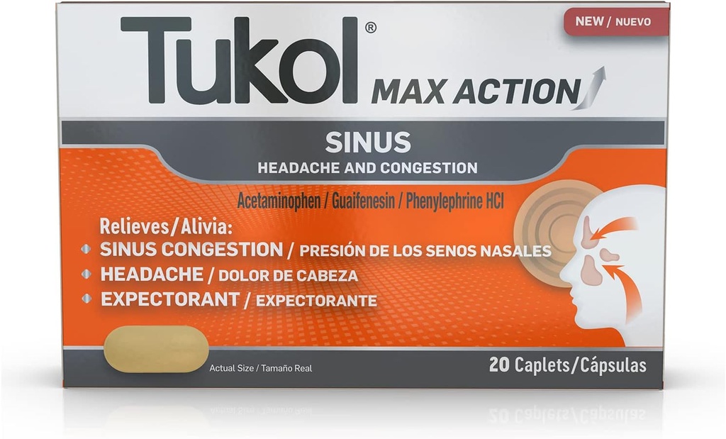 TUKOL Max Action Sinus, Congestion & Pressure Caplets for Pain, Hovedpine Relief, Expectorant, Non- Drowsy, 20 Greve