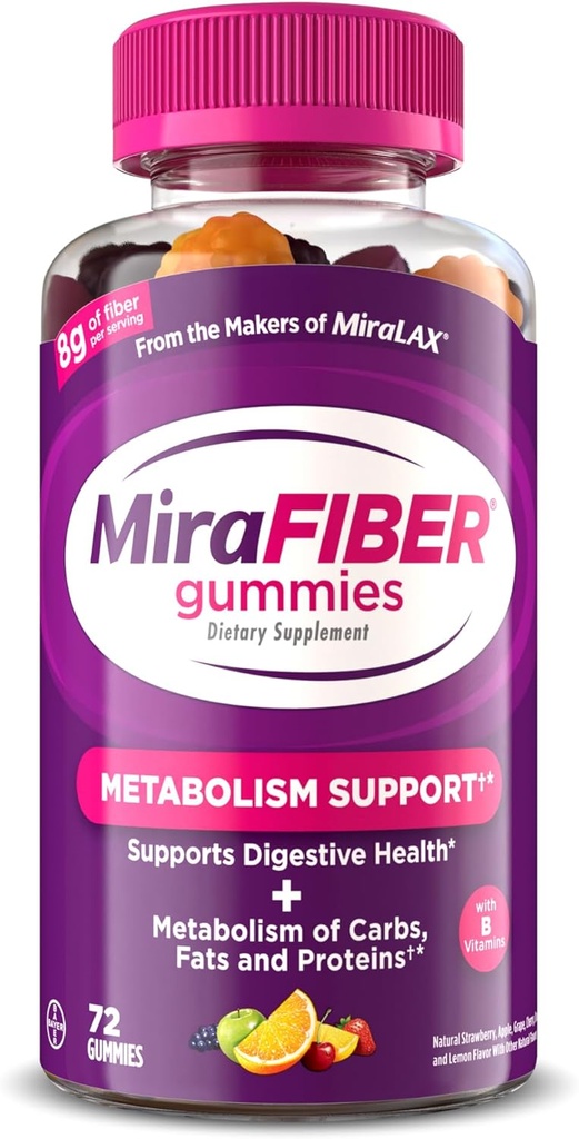 MiraFIBER Gummies fra Makers of MiraLAX, 8g af Daily Fiber Per Serving, Metabolisme Support med B Vitaminer, Gut Sundhed for mænd og kvinder, Prebiotic Fiber Gummies for voksne, Blandede Fruit Flavor 72Ct