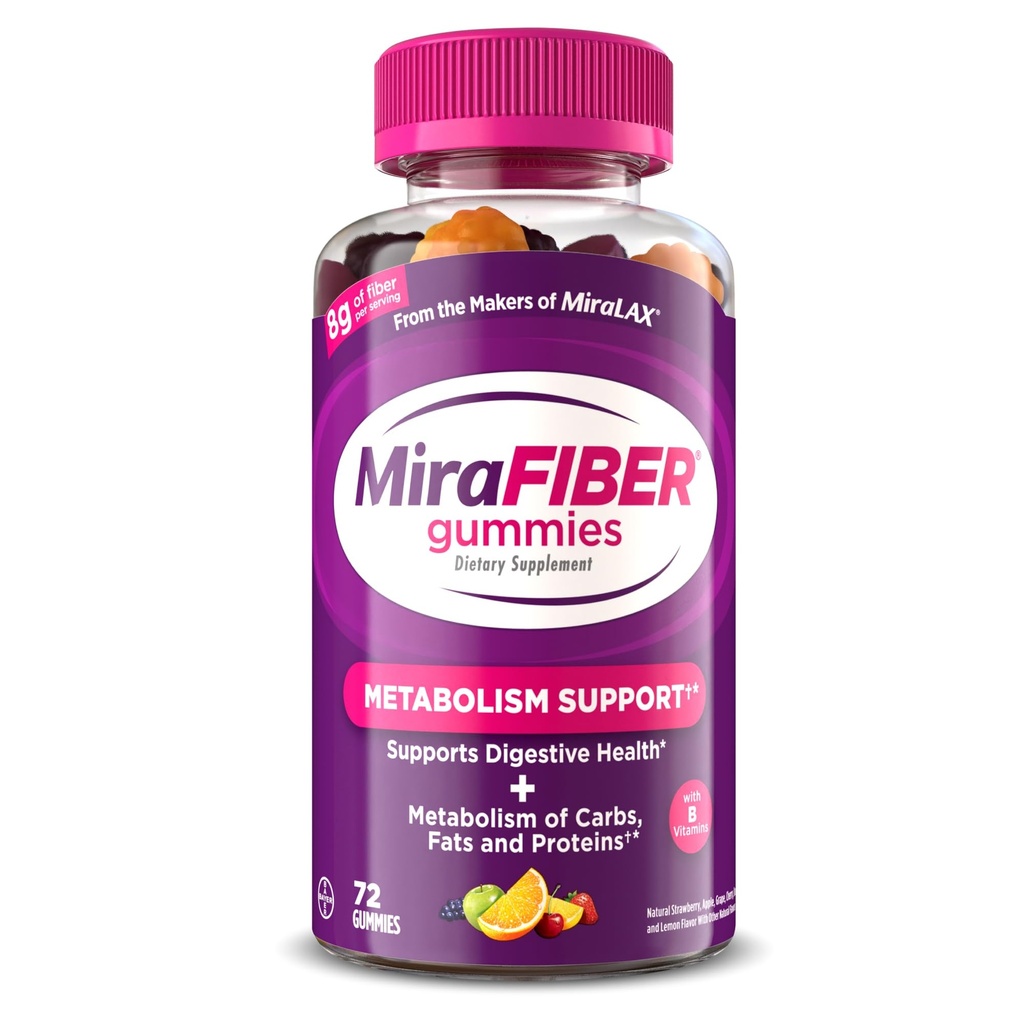 MiraFIBER Gummies fra Makers of MiraLAX, 8g af Daily Fiber Per Serving, Metabolisme Support med B Vitaminer, Gut Sundhed for mænd og kvinder, Prebiotic Fiber Gummies for voksne, Blandede Fruit Flavor 72Ct