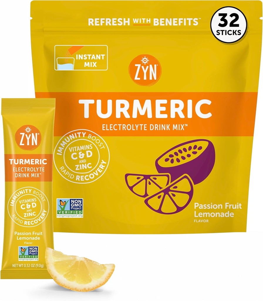 ZYN Electrolyte Drink Mix Hydrationspakninger, Passionsfrugt Elektrolyte Powder, Hydrationspakninger w / Gurkemeje Curcumin, C & D-vitamin, zink, Hydrate & Recover Electrolyte Powder, pakke med 32