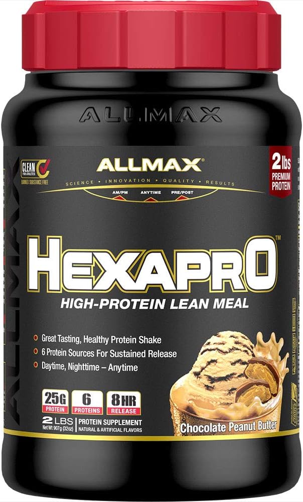 ALLMAX HEXAPRO, Chocolate Peanut Butter - 2 LB - 25 gram protein per servering - 8-timers Vedvarende udgivelse - Zero Sugar - 21 Servere