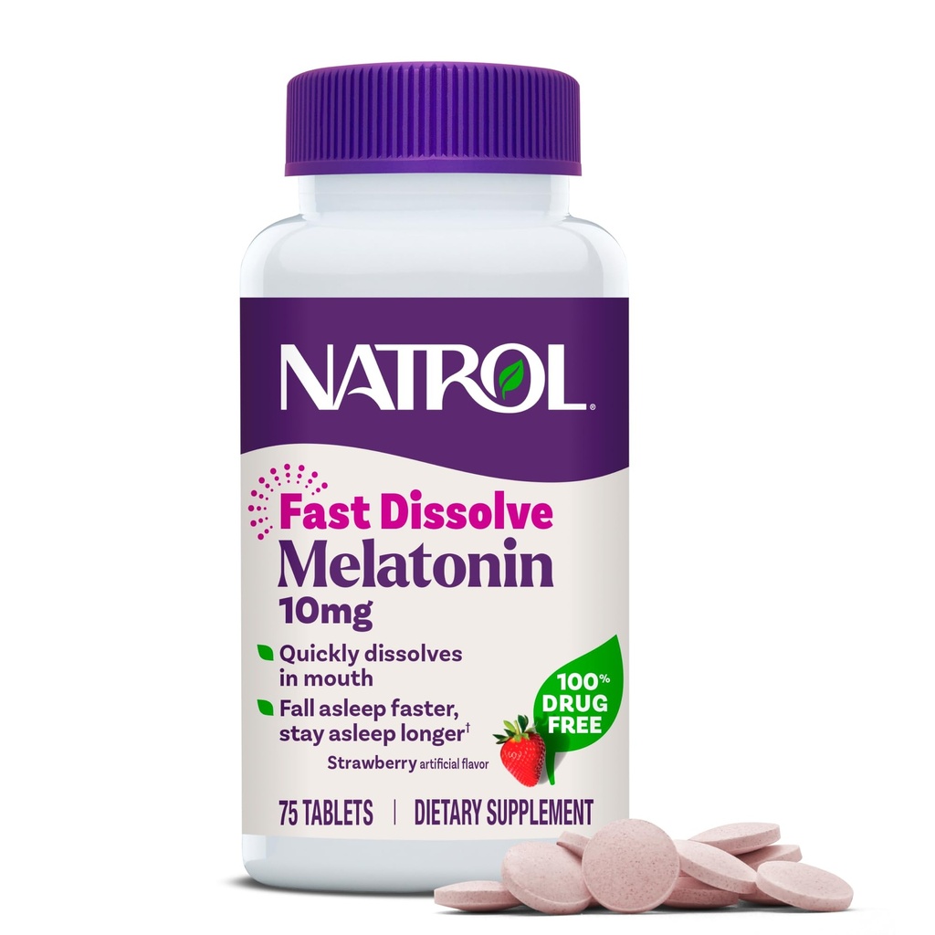Natrol Fast Opløs Melatonin 10 mg, Melatonin Kosttilskud til rolig søvn, Sovestøtte til voksne, 75 Strawberry- Flavored Tablets, Op til en 75 dages forsyning