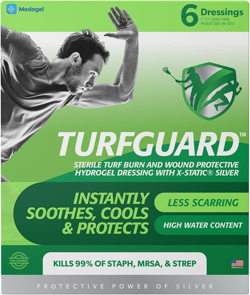 TURFGUARD Hydrogel Turf Burn Dressing med X- Statisk Sølv - Cooling Relief, FDA Cleared, Antimikrobiel Beskyttelse, & Fugtig Healing Patch for Burns & Wounds, 2 "x 3" Dressings, 6 Pack, af Medagel