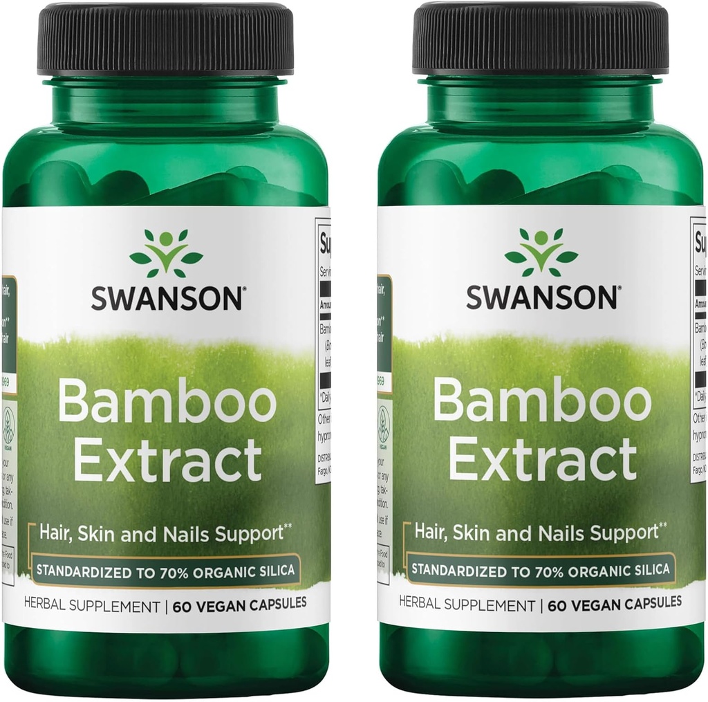 Swanson Bamboo Extract - Natural Hår, Hud og negle Supplement - 70% Silica Indhold Support Collagen Formation & Knoglevækst - (60 Veggie kapsler, 300mg Hver) (2 Pack)