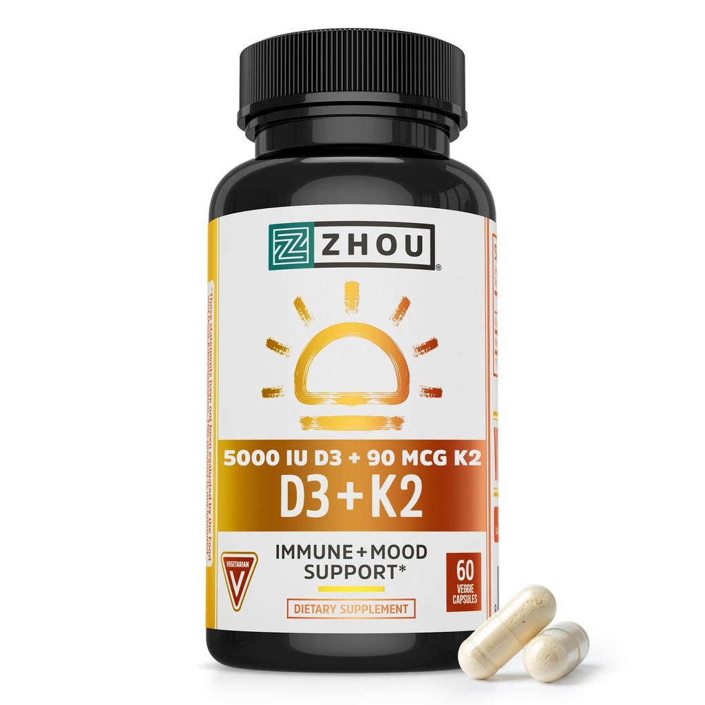Zhou D3 + K2 - D3- vitamin K2 tillæg til kvinder og mænd, immunsupport- vit D3 og K2 tillæg, ren vegetarisk formel med 5000 IE D3 og MK- 7 - 60 Veggie kapsler (pakning med 1)