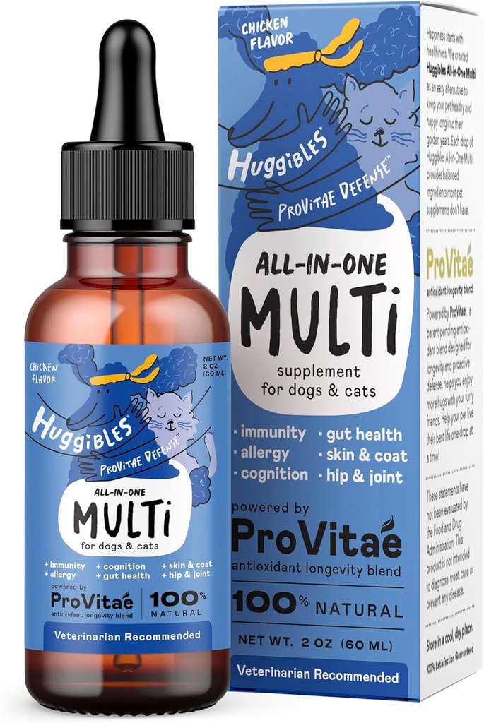 All- in- One Multi Liquid Multivitamin til hunde og katte - Dagligt tillæg med fordøjelsesbesvær, Immunitet, Allergi & Hud & Coat Support, Mobility Support - Antioxidant Blend for Longevity, 2oz