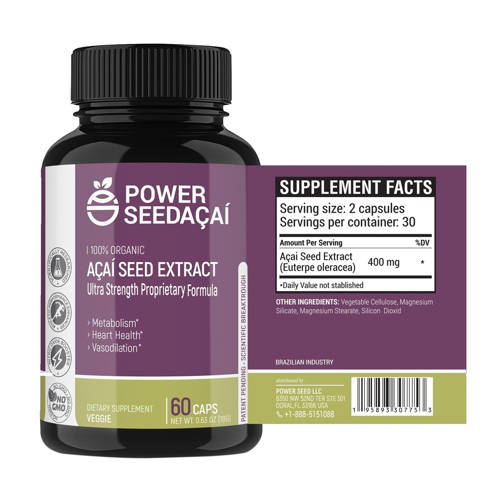 Power Seed Acai - nitrogenoxid booster. Understøtter blodgennemstrømning, blodsukkerniveauer, metabolisk funktion & energi. Super Strong Antioxidant. Kaffefri. Patenteret formel 124; 60 kapsler