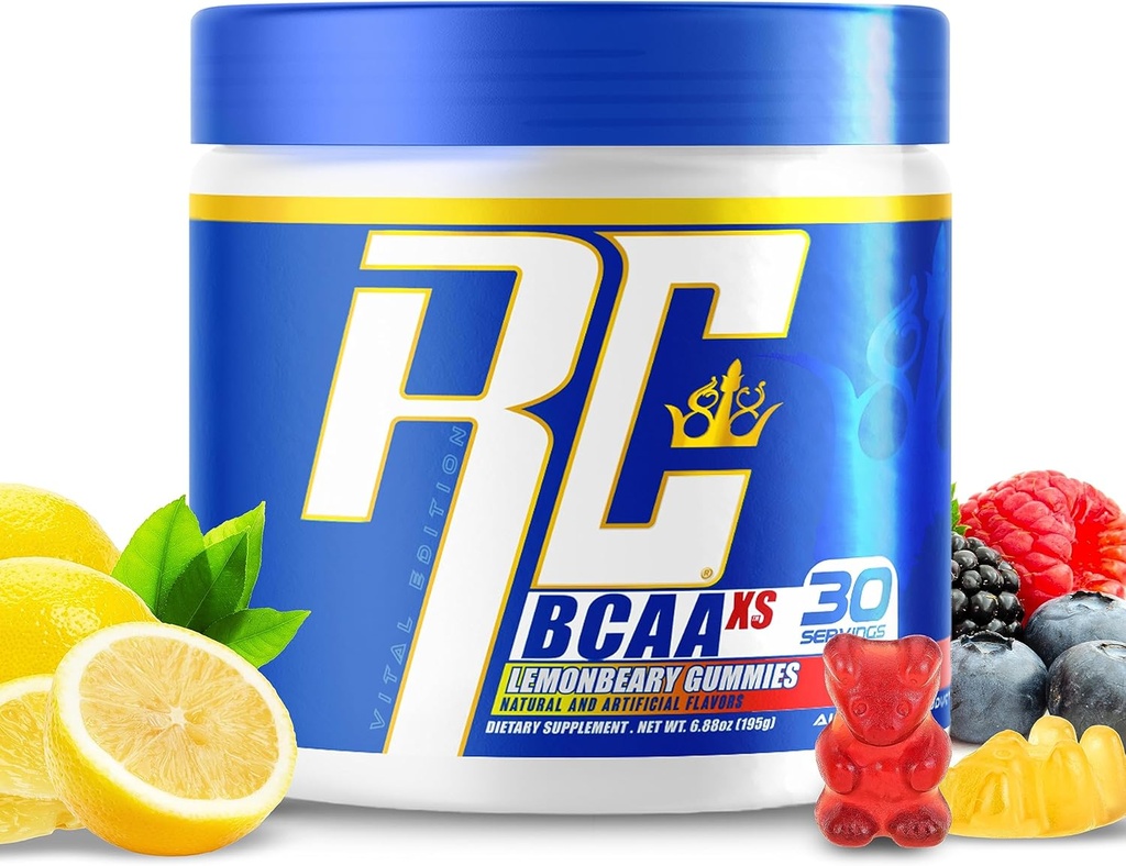 Ronnie Colemans BCAA XS pulver med EAA, forgrenet kæde Aminosyrer Post Workout Muscle Inddrivelse, Sukker gratis hydrering drik for kvinder og mænd, Lemonbeary Gumies, 30 Servering