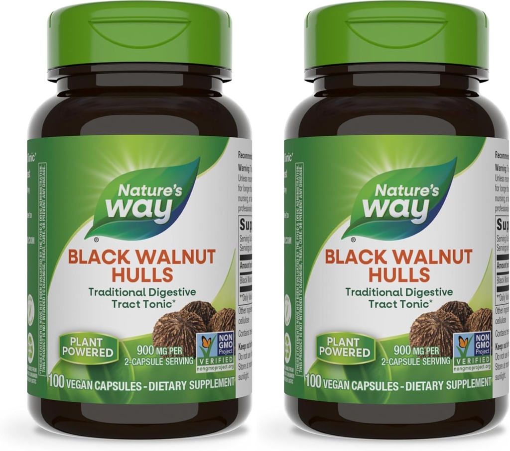 Nature 's Way Black Walnut Hulls, Traditional Digital Tract Tonic *, 900 mg per 2-capsule Serving, Non- GMO Project Verified, Vegan, 100 Kapsler (Packaging May Vary) (Pack of 2)