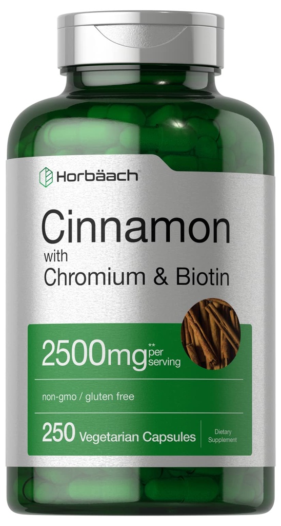 Horbäach kanel med chrompicolinat 2500mg • 124; 250 kapsler • 124; Plus Biottin • 124; Vegetar, Non- GMO, Gluten Free