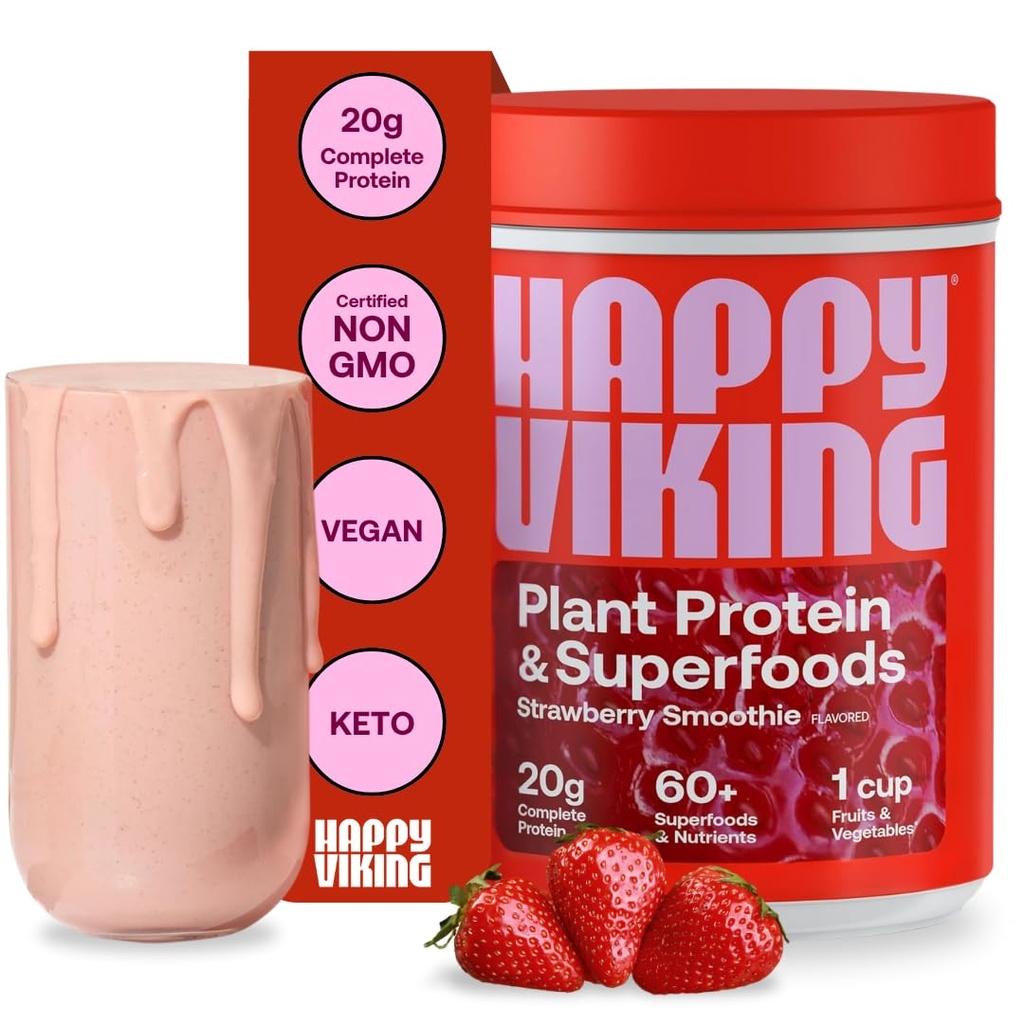 Happy Viking Strawberry Protein + Superfoods Powder, created by Venus Williams, 20G Protein, Low Carb, Keto, Vegan, Gluten- Free, Non- GMO, Superfoods, Complete Meal Erstatning, 1 Canister (24 oz.)