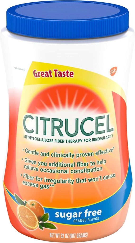 CITRUCEL Sukker Free Fiber Powder til lejlighedsvis Obstipation Relief, Methylcellulose Fiber Powder, Orange Flavor - 32 Ounces