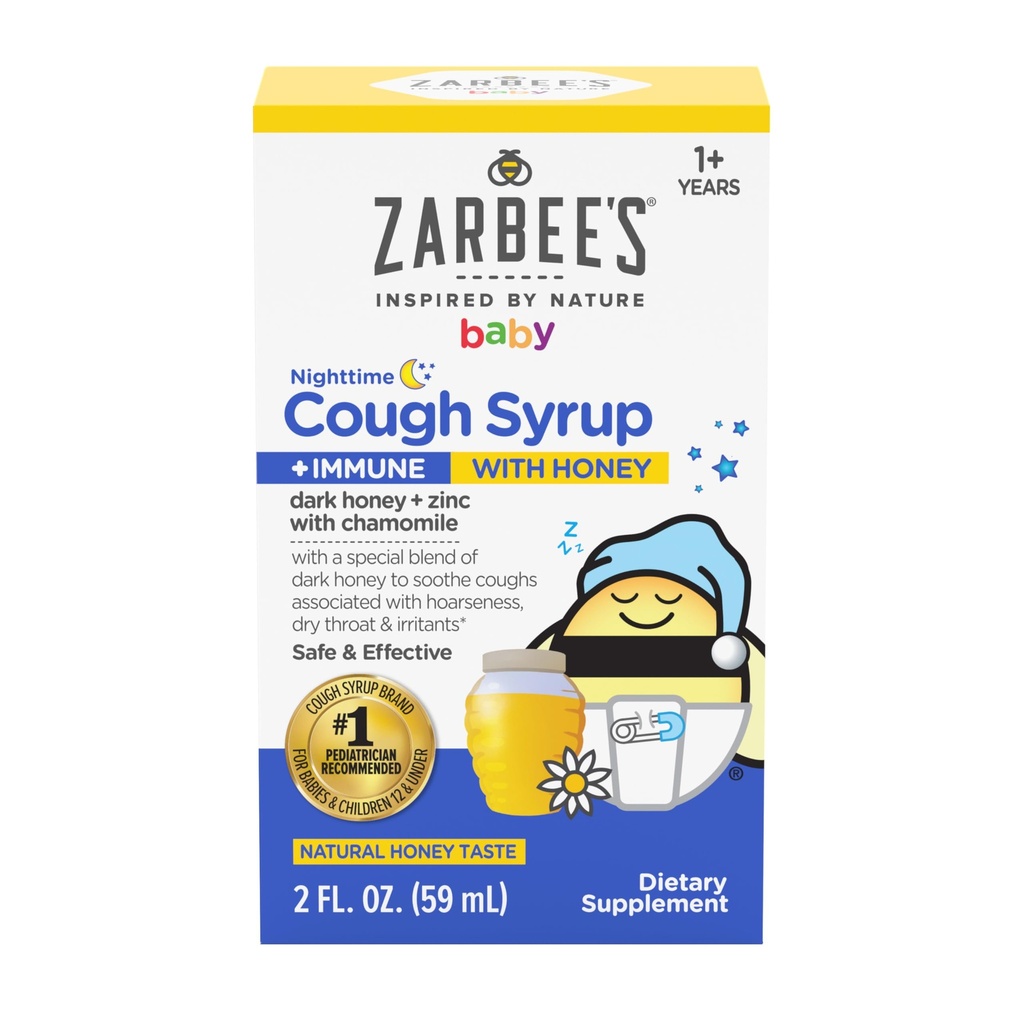 Zarbee 's Baby Nighttime Cough Syrup + immun, Baby Hough Syrup med mørk honning + Zink & Kamille, for Toddlers, Ingen narkotika eller kunstige flavors, Natural Honey Taste, 2 fl. oz