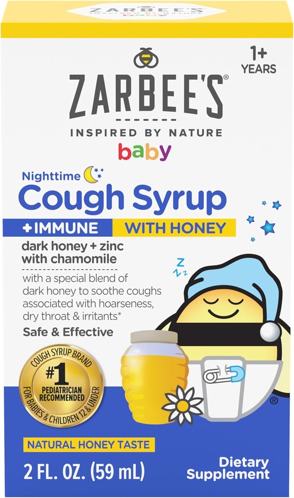 Zarbee's Baby Nighttime Cough Syrup + Immune, Baby Cough Syrup with Dark Honey + Zinc & Chamomile, for Toddlers, No Drugs or Artificial Flavors, Natural Honey Taste, 2 fl. oz