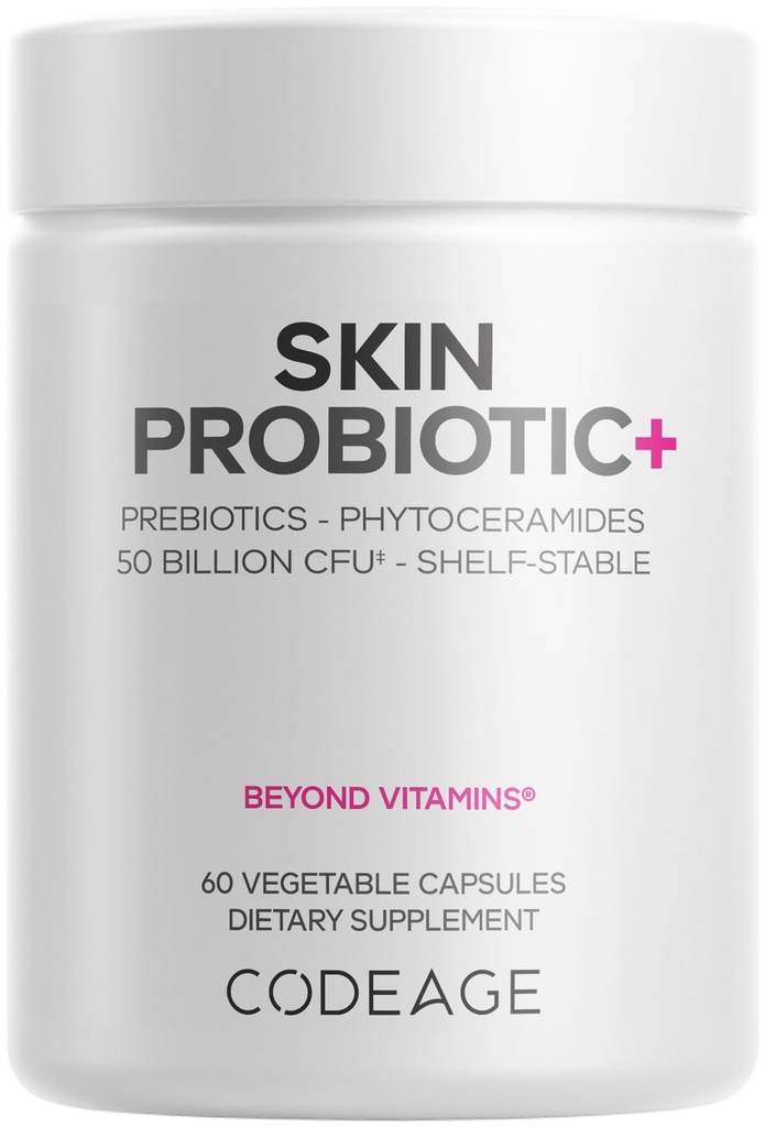 Kodeage Skin Probiotika + Prebiotika - hudpleje Rutine supplement - 50 Millioner CFU - Ayurvedic botaniske urter - Ansigtet Probiotika - Hylde Stabil Cleanser, Non- GMO, Vegan - 60 Kapsler