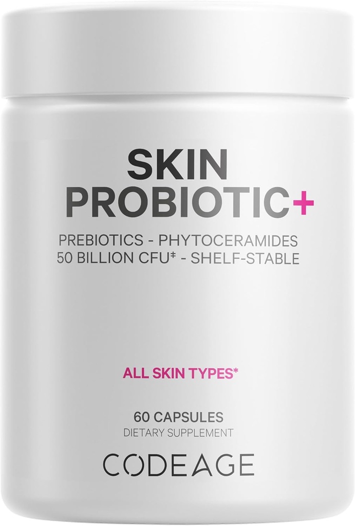 Kodeage Skin Probiotika + Prebiotika - hudpleje Rutine supplement - 50 Millioner CFU - Ayurvedic botaniske urter - Ansigtet Probiotika - Hylde Stabil Cleanser, Non- GMO, Vegan - 60 Kapsler