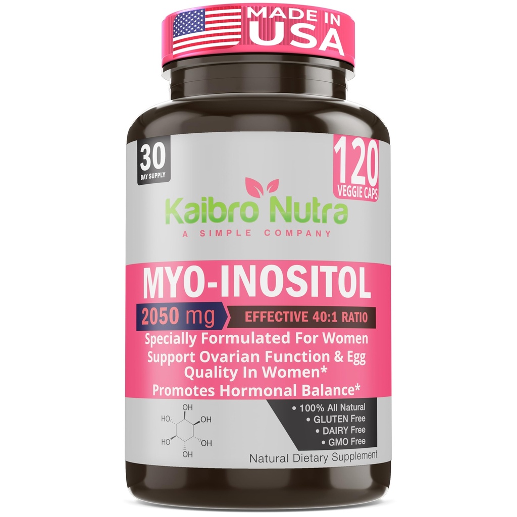 Kaibro Nutra Myo- Inositol Supplement, Myo- Inositol & D- Chiro Inositol 40: 1 Ratio, Hormonbalance & ovarie Support til kvinder med vitamin B8, 2050mg, Vegan, Non- GMO kapsler 120 Tæl