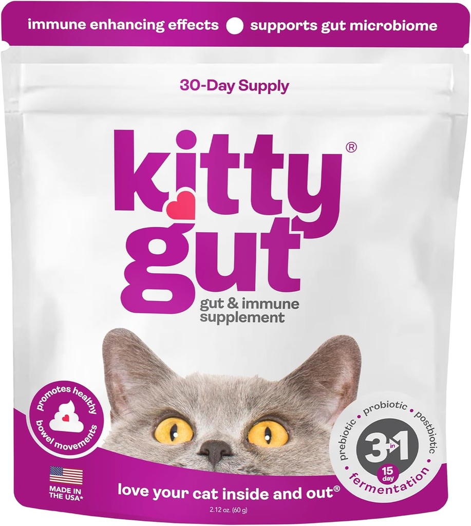 KittyGut 3- in-1 Organic Cat Probiotics & Postbiotic Supplement Powder- Made in USA- Probiotics for Cats Promote Gut Health and Cat fordøjelsesstøtte, Diarré og Opkastning (60g)