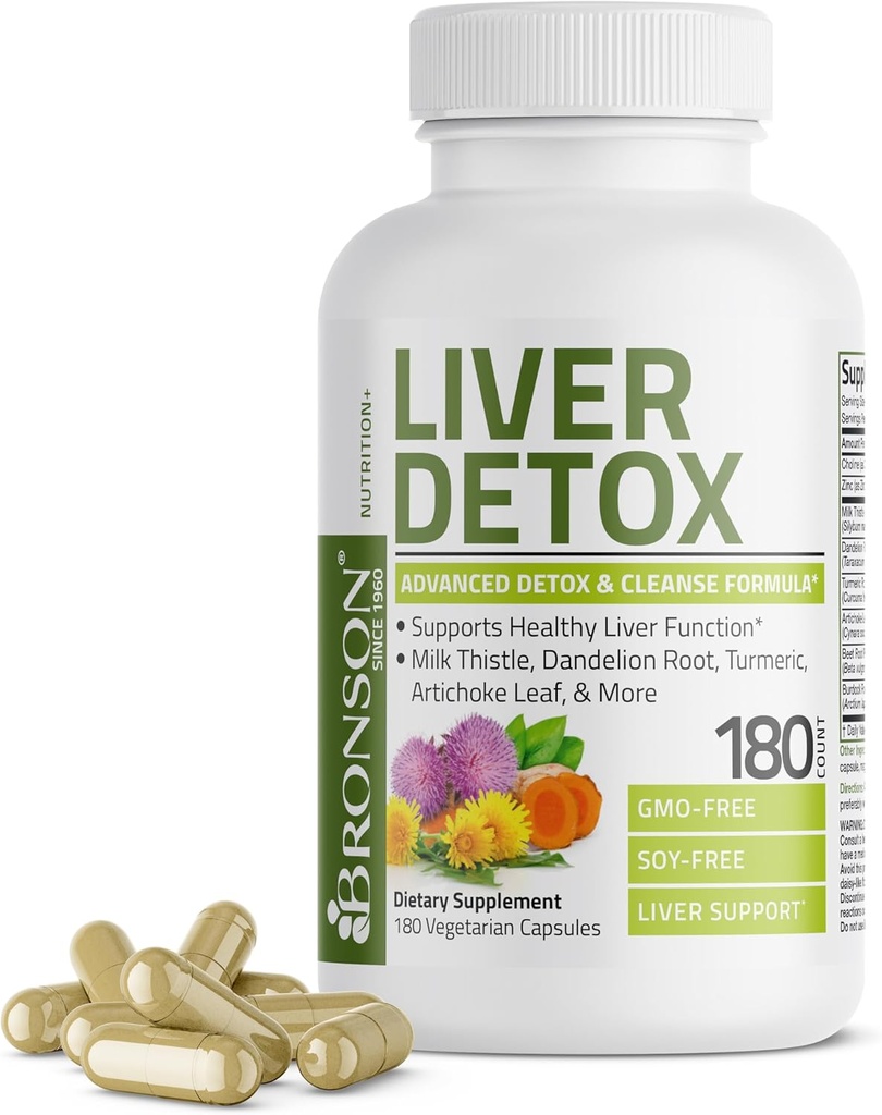 Bronson lever Detox Advanced Detox & Cleansing Formel understøtter sundhed lever funktion med mælk tidsel, Mælkebøtte, Mælkebøtte, gurkemeje, Artiskok Leaf & mere, non-GMO, 180 vegetariske kapsler