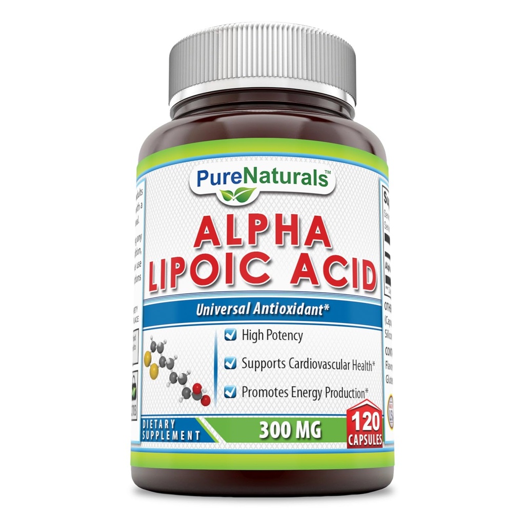 Pure Naturals Alpha Lipoic Acid 300 Mg Kapsler, 120Count * Understøtter Kardiovaskulær Health & Energy Production *