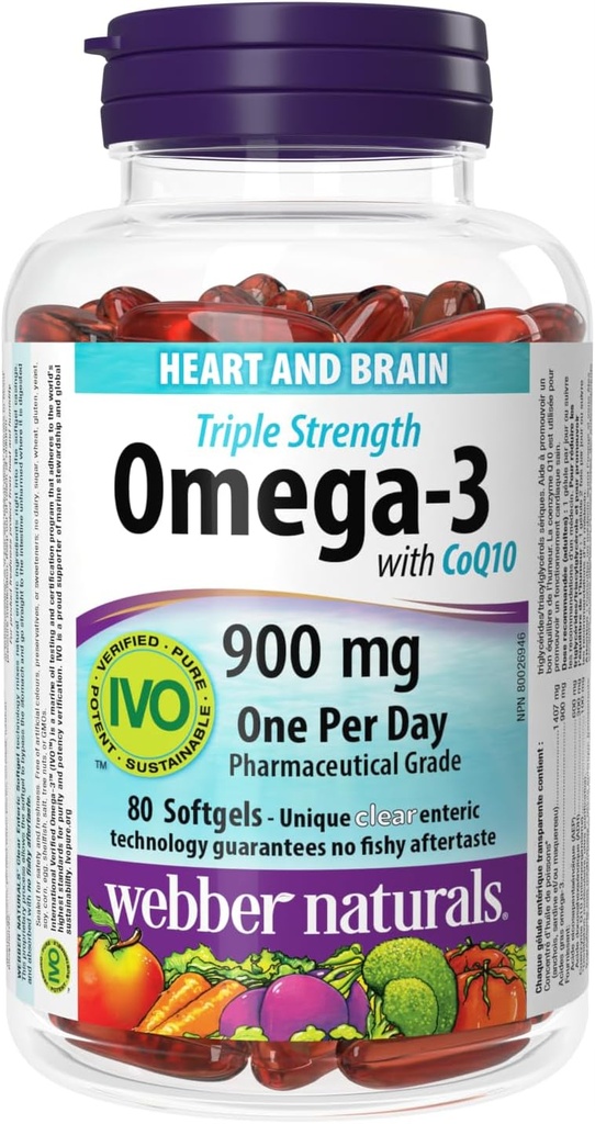 Webber Naturals Triple Strength Omega-3 with CoQ10 enteric coated 900 mg Omega-3 (EPA • DHA) / 100 mg CoQ10, 80caps