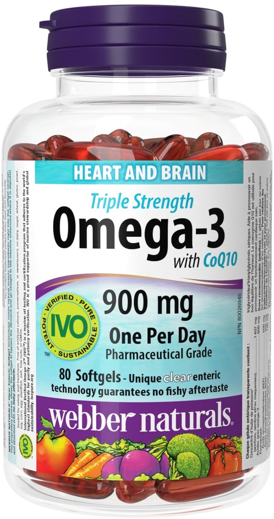 Webber Naturals Triple Strength Omega-3 with CoQ10 enteric coated 900 mg Omega-3 (EPA • DHA) / 100 mg CoQ10, 80caps