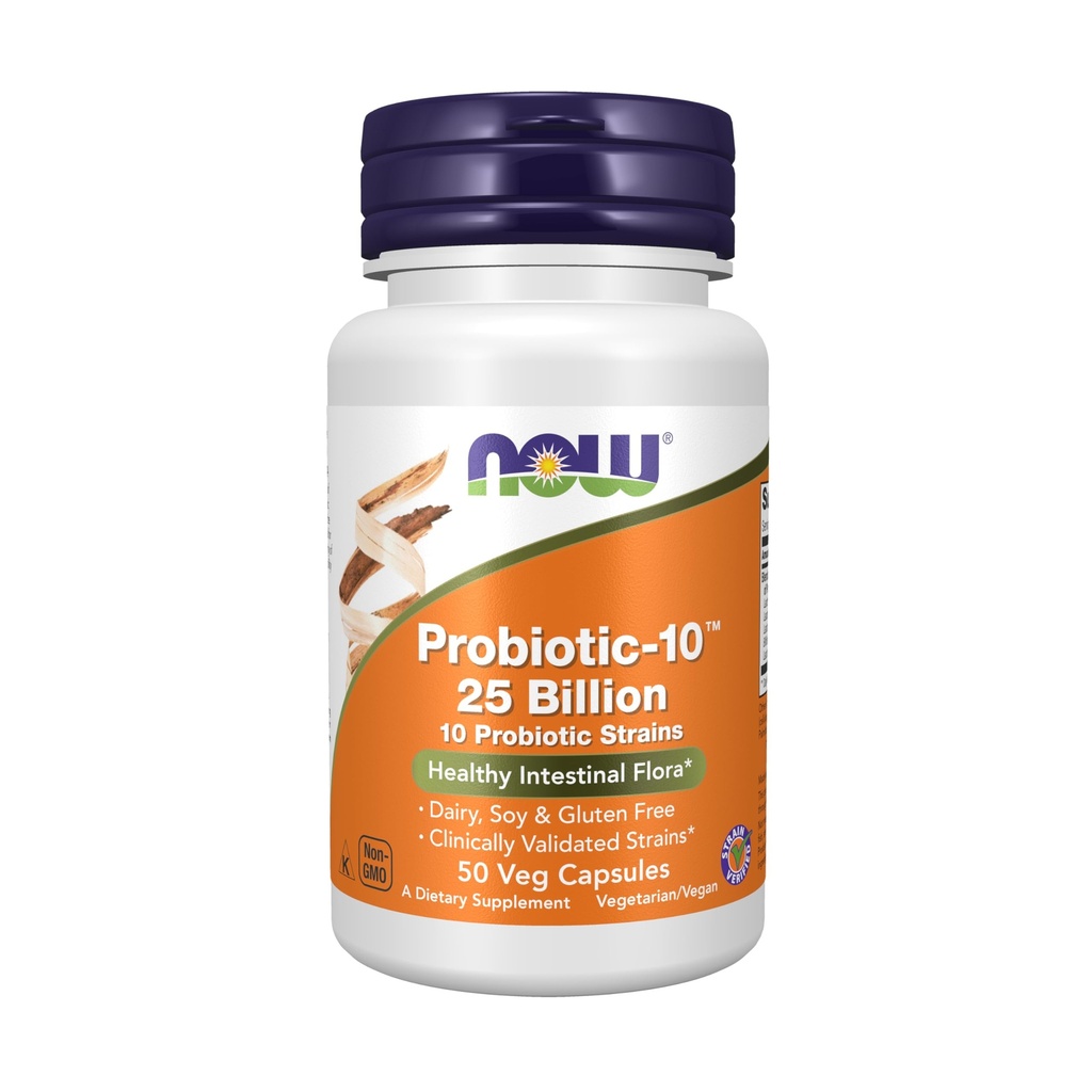 Now Foods Supplements, Probiotic- 10 ™, 25 Millioner, med 10 Probiotiske Strops, Dairy, Soy og Gluten Free, Strain Verified, 50 Veg Kapsler