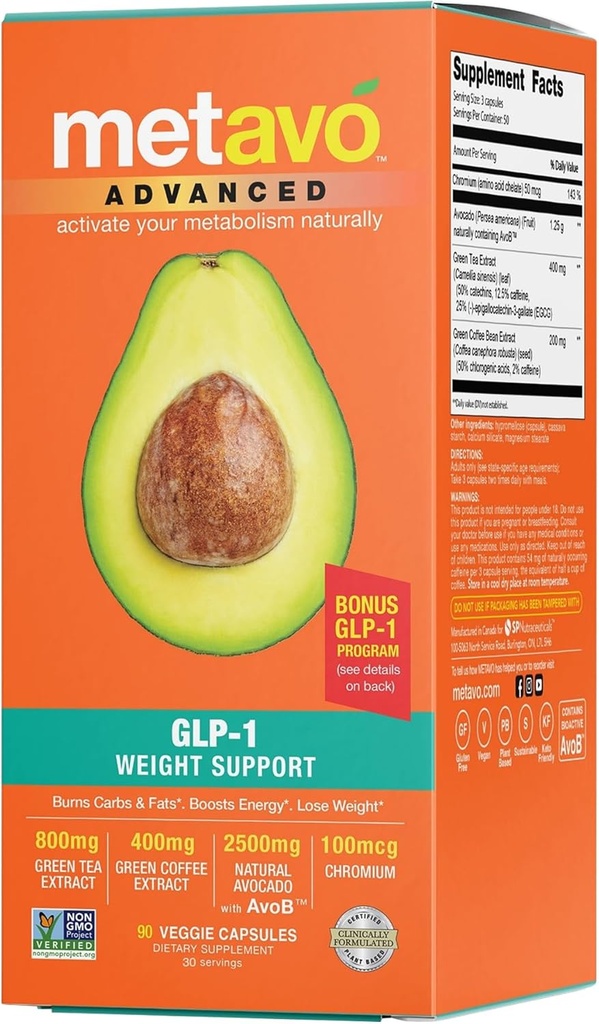 Metavo Advanced Weight Support - Natural Diet Kosttilskud med essentielle næringsstoffer til fremme af wellness, Beriget med Avocados, Green Tea, Chrom & Green Coffee, 90 Easy- to- Swallow Diet Pills