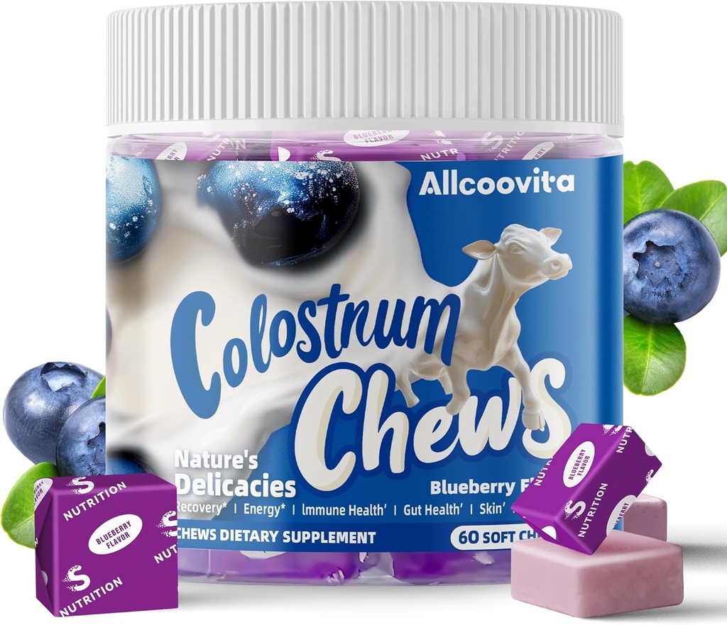 Bovine Colostrum Chews Supplement med probiotika til Gut Sundhed, Bloating, immunforsvar, hud, hårvækst og skønhed - Blåbær Flavor (60 Servere)