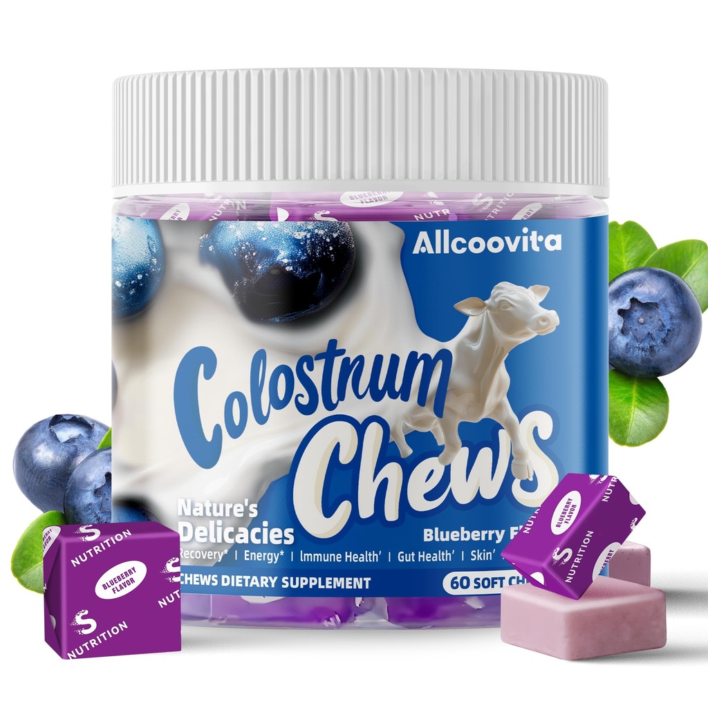 Bovine Colostrum Chews Supplement med probiotika til Gut Sundhed, Bloating, immunforsvar, hud, hårvækst og skønhed - Blåbær Flavor (60 Servere)