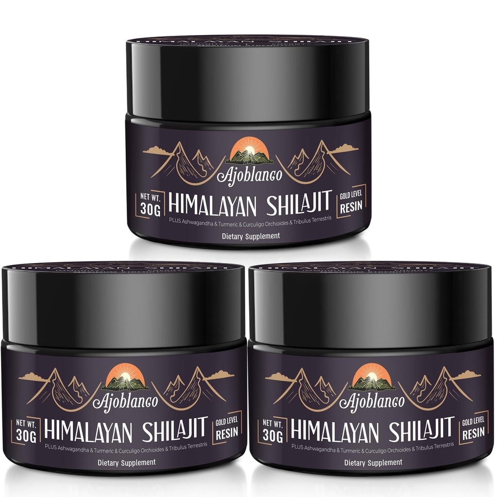 Ajoblanco 600mg Natural Himalayan Organic Shilajit Resin - Himalayan Gold Shilajit Resin med Organic Ayurvedic Blend in High Potence for Energy, Strength & Immunity, Pack of 3