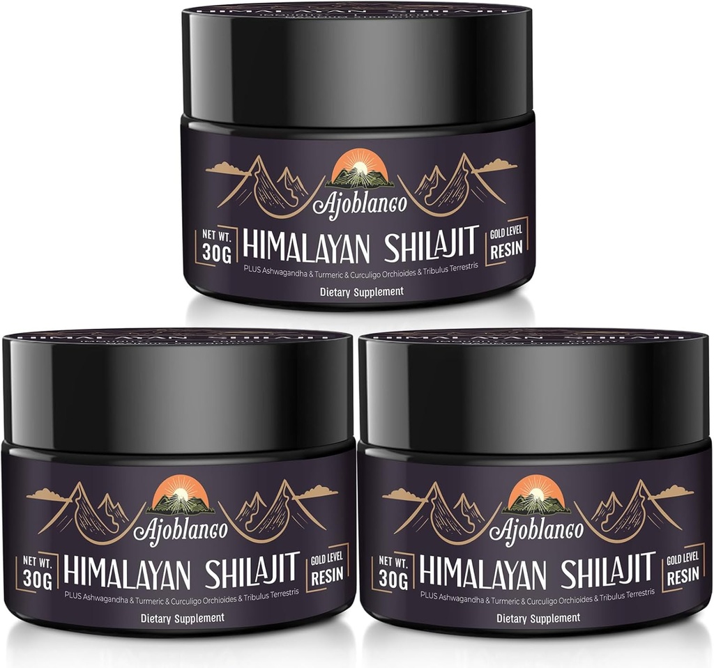 Ajoblanco 600mg Natural Himalayan Organic Shilajit Resin - Himalayan Gold Shilajit Resin with Organic Ayurvedic Blend in High Potency for Energy, Strength & Immunity, Pack of 3